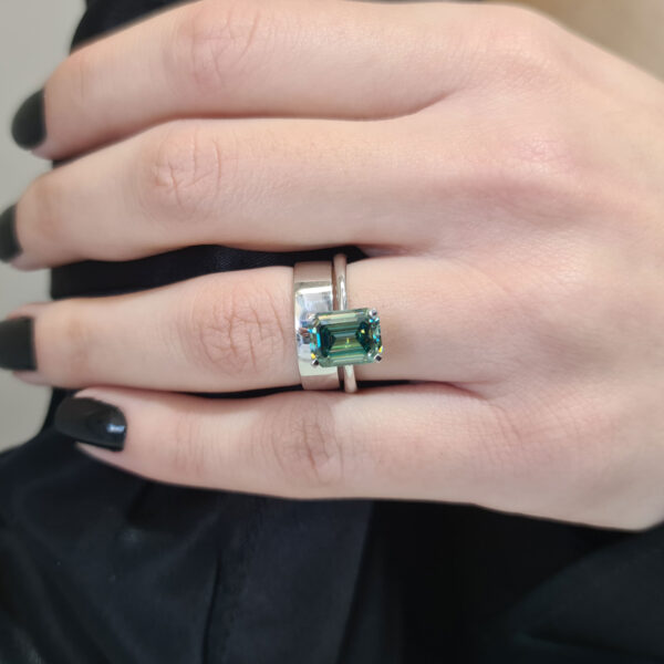 Mint Emerald Cut Ring with Plain Wedding Band Set