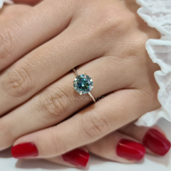 Blue Moissanite Round Cut Solitaire Engagement Ring